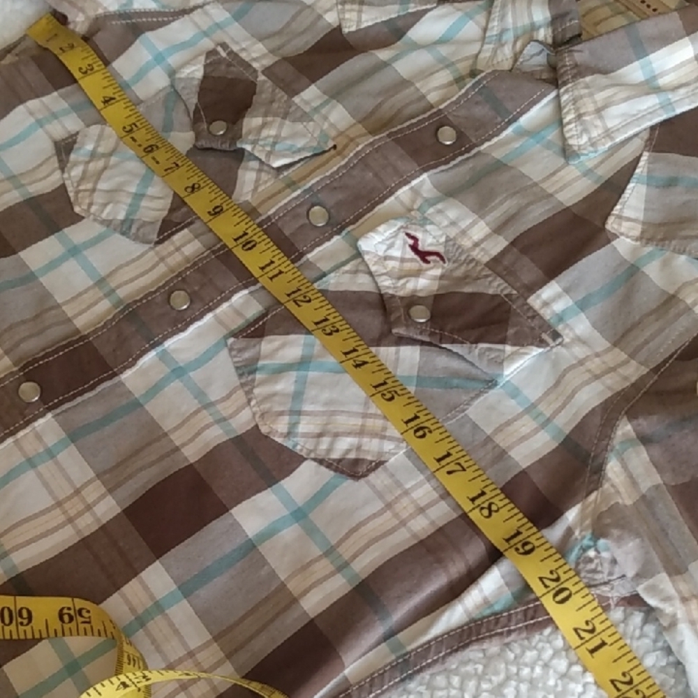 Hollister Plaid Western Snap Button Long Sleeve Shirt Men's Brown Blue White - Picture 11 of 15